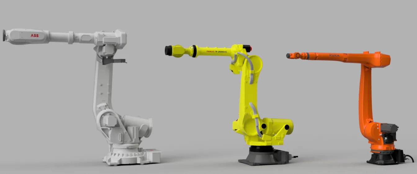 Industriële robots van ABB, FANUC en KUKA naast elkaar